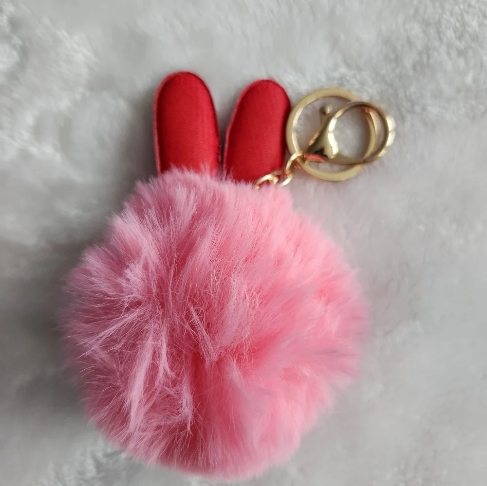 Pink Fluffy Bunny Ears Keychain Bag Charm